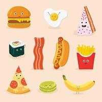 divertente cibo cartone animato personaggi isolato vettore illustrazione. viso icona Pizza, torta, strapazzate uova, Bacon, Banana, hamburger, caldo cane, rotolo, francese patatine fritte.