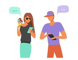 giovane tipo e ragazza utilizzando un' smartphone. essi comunicare attraverso sociale reti. vettore illustrazione nel piatto stile