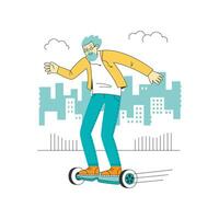 il concetto di più vecchio persone e moderno tecnologia. contento anziano uomo cavalcate un' hoverboard. vettore piatto illustrazione isolato su bianca sfondo