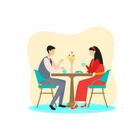 un' uomo e un' donna siamo seduta a un' tavolo nel un' ristorante, conversazione, Data, amore, attività commerciale incontro, romanza. vettore piatto illustrazione