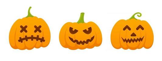 3 zucche di halloween arancioni impostate con l'espressione del viso spaventoso smorfia stile piatto design illustrazione vettoriale isolato su sfondo bianco.