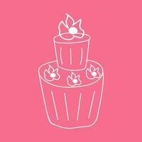 vettore illustrazione di scarabocchio bianca schema cuccetta torta con fiori su rosa sfondo. arredamento per vacanze compleanno, nozze, San Valentino giorno. design per confezione, ragnatela disegno, cartoline, etichette, tag