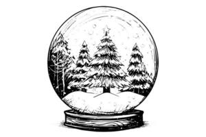 allegro Natale regalo neve globo fiocco di neve albero dentro. vettore incisione inchiostro schizzo illustrazione.