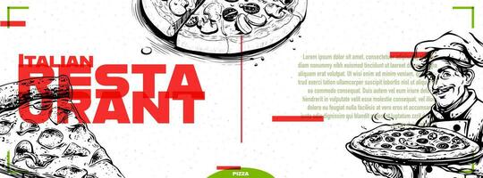 italiano ristorante menù copertina design. manifesto, bandiera o modello modello. vettore illustrazioni. Vintage ▾ inchiostro schizzo. incisione stile. etichette, coperchio, prezzo etichetta, la pittura.