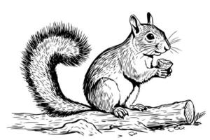scoiattolo seduta inchiostro schizzo mano disegnato inciso stile vettore illustrazione.