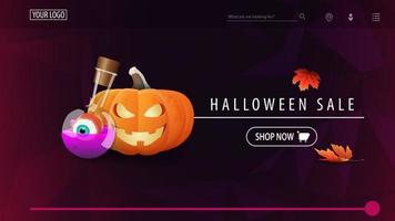 saldi di halloween, banner sconto viola con trama poligonale, jack zucca e pozione della strega vettore