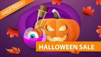 vendita di halloween, banner web sconto viola in stile carta tagliata con jack zucca e pozione della strega. design moderno del banner di sconto vettore