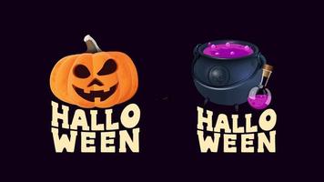 imposta il logo di halloween con il calderone della zucca e delle streghe vettore