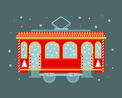 carino rosso Natale tram con i fiocchi di neve e Natale alberi. saluto carta, illustrazione, vettore