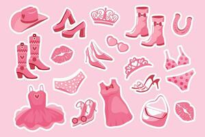 barbiecore Principessa etichetta impostare. rosa moda impostare, Accessori e Abiti per un' rosa Bambola. corona, vestire, scarpe, cowboy cappello, stivali, Borsa, occhiali. vettore