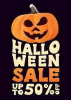 saldi di halloween, fino a 50 di sconto, poster in stile tipografico verticale di sconto con zucca di halloween vettore