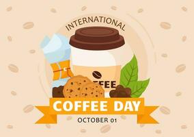 internazionale caffè giorno vettore illustrazione su 1 ° ottobre con profumato bevanda e Marrone sfondo nel piatto cartone animato mano disegnato modelli
