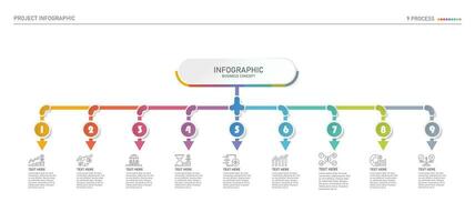 Infografica processi design con icone e 9 opzioni o passi. vettore