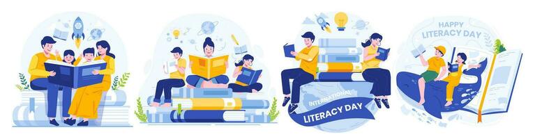 illustrazione impostato di internazionale alfabetizzazione giorno. persone siamo lettura libri per celebrare alfabetizzazione giorno su il 8 ° di settembre vettore