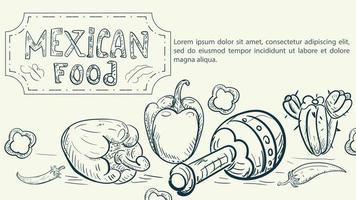 illustrazione schizzo realizzato nello stile di un doodle disegnato a mano per un design sul tema cibo nazionale messicano maracas peperone dolce e peperoncino piccante cactus vettore