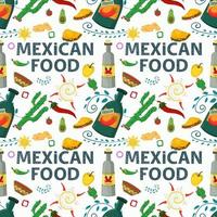 piatto infinito modello senza cuciture sul tema del cibo messicano bevanda tequila cactus e taco tortilla su sfondo bianco vettore