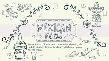 illustrazione schizzo realizzato nello stile di un doodle disegnato a mano per un design sul tema cibo nazionale messicano un uomo messicano in abiti nazionali bere tequila pepe vettore