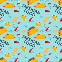 piatto infinito modello senza cuciture sul tema del cibo messicano tortillas tacos e burritos su sfondo blu vettore