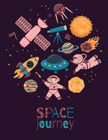 a4 manifesto con carino astronauti, pianeti, Luna, razzo vettore