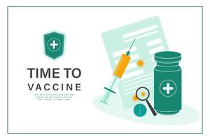 tempo di vaccinare. modello di pagina di destinazione. moderno concetto piatto per il web design. illustrazione vettoriale con siringa con vaccino, bottiglia e virus.