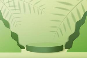 scena minimale astratta con forme geometriche. podio cilindrico in sfondo verde con foglie di piante verdi. presentazione del prodotto, mockup, spettacolo di prodotto, podio, piedistallo da palcoscenico o piattaforma. vettore 3d