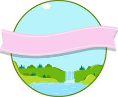 naturale paesaggio nel il logo cerchio. cascata e stagno con verde collina e foresta. estate Visualizza. un' posto per turista ricreazione. cartone animato piatto illustrazione vettore