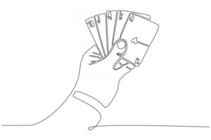 linea continua di mano che tiene illustrazione vettoriale della carta da poker scala reale