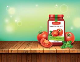 realistico dettagliato 3d naturale pomodori incolla con rosso pomodoro e basilico le foglie. vettore