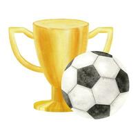 d'oro tazza con calcio sfera. calcio incontro. campione d'oro trofeo. premio tazza per vincitore, primo posto, vittoria. attributi di gli sport gare. acquerello illustrazione. isolato. vettore