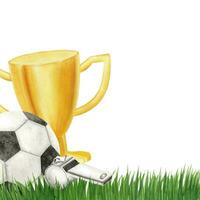 calcio sfera, d'oro tazza, fischio con verde erba. calcio sfera. acquerello telaio. modello. isolato. per calcio club, sportivo merce I negozi, manifesto e cartolina design vettore