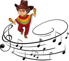 un ragazzo che suona maracas con simboli di melodia musicale isolati vettore