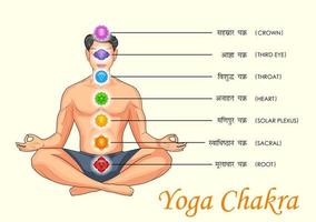 illustrazione di un uomo che fa asana per la giornata internazionale dello yoga il 21 giugno con tantra sapta chakra che significa sette ruote di meditazione vettore