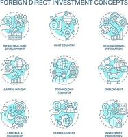 modificabile icone impostato che rappresentano straniero diretto investimento concetti, isolato vettore, magro linea illustrazione. vettore