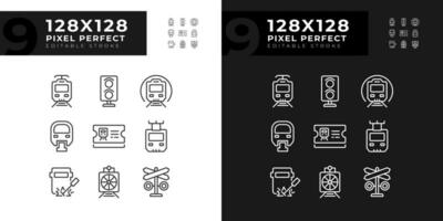 Ferrovia azienda pixel Perfetto lineare icone impostato per scuro, leggero modalità. treno trasporto. locomotiva ingegneria. magro linea simboli per notte, giorno tema. isolato illustrazioni. modificabile ictus vettore