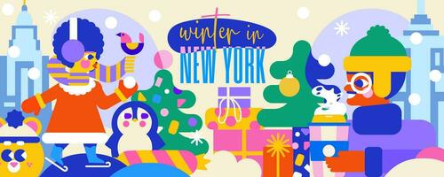 immergere te stesso nel il nuovo York inverno con Questo festivo illustrazione. neve, i regali, pattinando, un' boccale di caldo cacao, accogliente maglioni, caldo cappelli e il umore di il si avvicina inverno vacanze. vettore