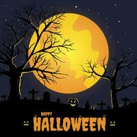 Halloween Festival sfondo il Luna nel il mezzo di il stelle nel il cielo il albero su il sinistra e giusto di il tomba e zucche su il pavimento arancia lettere sotto vettore