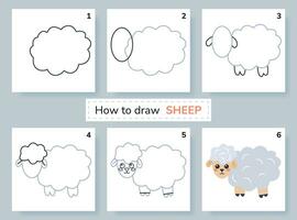 disegno tutorial. Come per disegnare un' pecore. formazione scolastica e attività pagina per prescolastico e scuola bambini. bambini foglio di lavoro. passo di passo arte Lezioni con azienda agricola animale. vettore illustrazione.