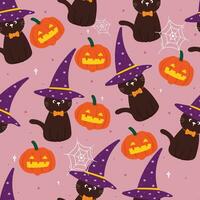 Halloween senza soluzione di continuità modello con cartone animato zucca, gatto, fantasma, e Halloween elemento. carino Halloween sfondo per vacanza tema, regalo avvolgere carta vettore