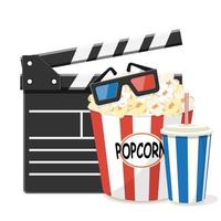 set cinematografico con batacchio, popcorn, soda e occhiali 3d vettore