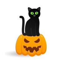 carino nero con gatto seduto su zucca di halloween con faccia spaventosa vettore