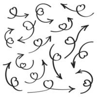 frecce di amore disegnate a mano con cuori rosa sul set di illustrazione vettoriale di design piatto stile frecce isolato su priorità bassa bianca.