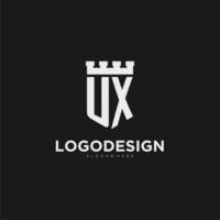 iniziali UX logo monogramma con scudo e fortezza design vettore