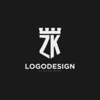 iniziali zk logo monogramma con scudo e fortezza design vettore