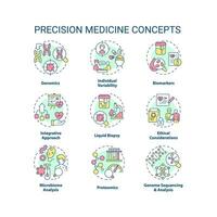 precisione medicina concetto icone impostare. personalizzato assistenza sanitaria programma. individualizzato paziente diagnostico e trattamento idea magro linea colore illustrazioni. isolato simboli. modificabile ictus vettore