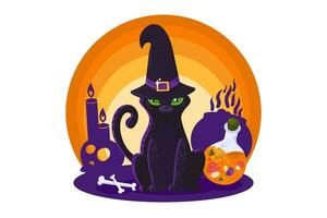 Halloween gatto raggiante giallo occhi nel maga cappello vettore