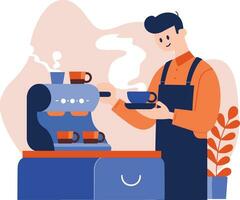 mano disegnato barista fabbricazione caffè felicemente nel piatto stile vettore