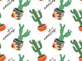 senza soluzione di continuità modello di succulente di vario forme, in vaso impianti, cactus in vaso. fioritura cactus, popolare Casa impianti. piatto vettore illustrazione.