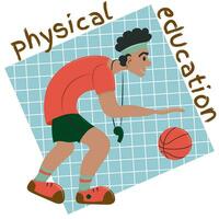 fisico formazione scolastica insegnante con fischio e pallacanestro. pallacanestro giocatore o arbitro. piatto vettore illustrazione.