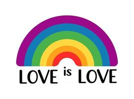 l'amore è amore citazione. arcobaleno lgbt con bandiera a colori di gay, lesbiche, bisessuali e transgender isolati su sfondo bianco. illustrazione piatta vettoriale. design per banner, poster, biglietti di auguri, volantini vettore