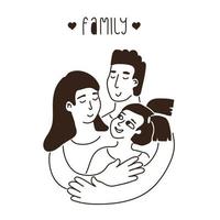 ritratto di famiglia vettoriale. l'uomo copre la donna e il bambino con le mani. delineare l'illustrazione in bianco nero e il testo della famiglia family vettore